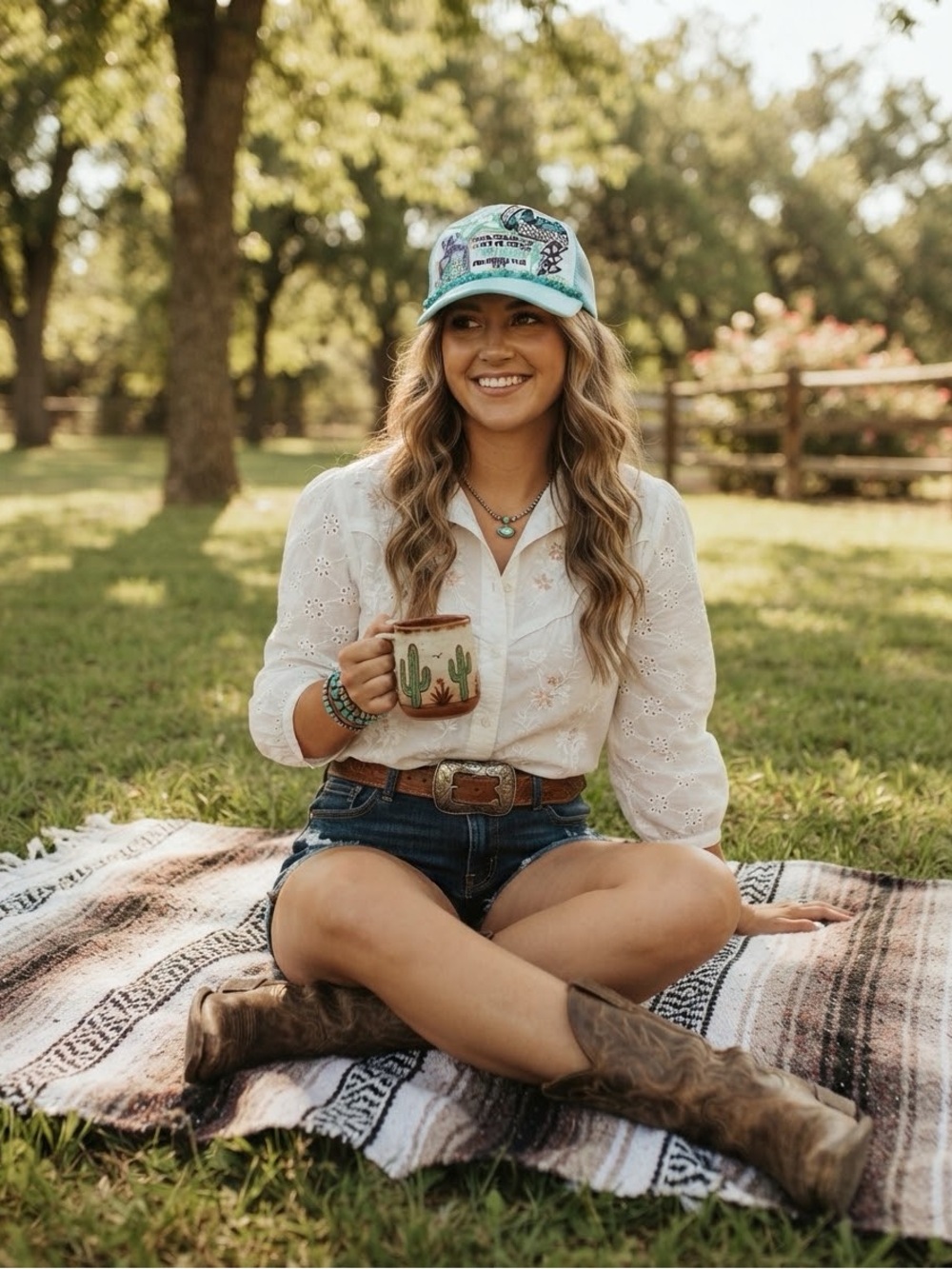 Turquoise Embellished Trucker Hat- Women Accessories